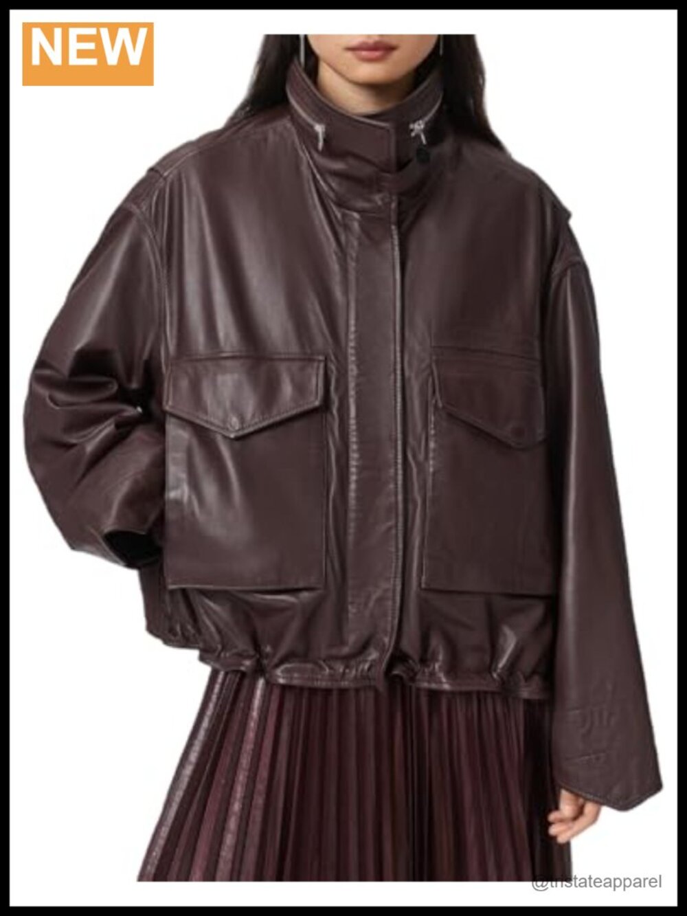 Cropped Leather Jacket Funnel Neck Zip Closure